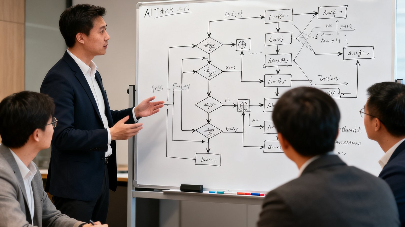 研发团队在会议室讨论AI战术识别系统原型，白板上画满算法流程图